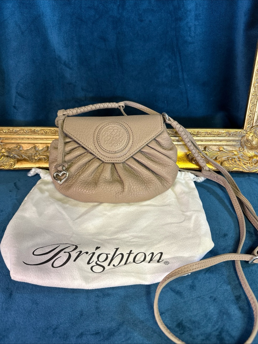 BRIGHTON FERRARA COLL. FLEURETTE MINI MINK LEATHER MEDALLION FLAP CROSSBODY $265